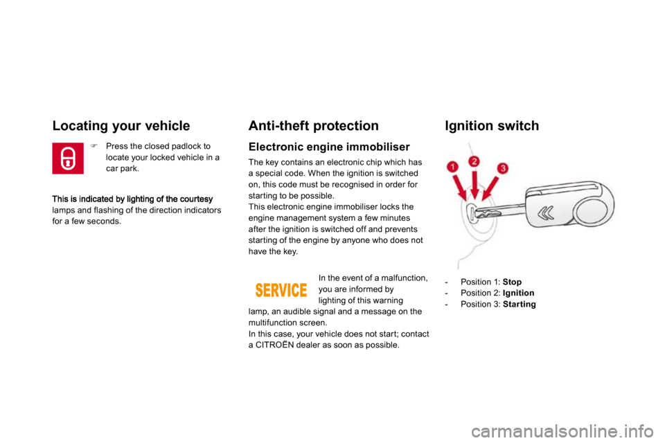 Citroen DS3 DAG 2009.5 1.G Owners Manual lamps and flashing of the direction indicators for a few seconds.  
Locating your vehicle 
�   Press the closed padlock to 
locate your locked vehicle in a car park.  
Anti-theft protection 
  Elec