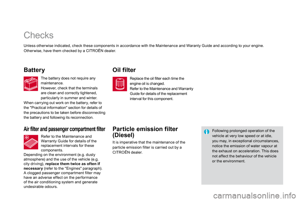 Citroen DS3 2009.5 1.G Owners Manual                               Checks 
  Battery 
  Air filter and passenger compartment filter 
  Oil filter 
Particle emission filter 
(Diesel) 
 It is imperative that the maintenance of the par ticl
