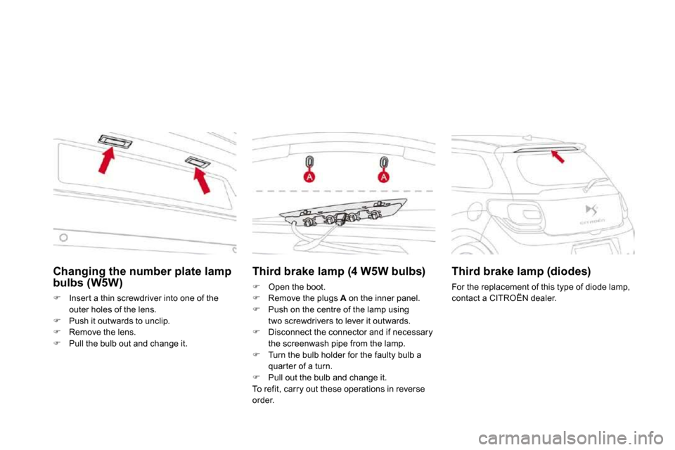 Citroen DS3 2009.5 1.G User Guide   Changing the number plate lamp bulbs (W5W) 
�   Inser t a thin screwdriver into one of the 
outer holes of the lens. �   Push it outwards to unclip. �   Remove the lens. 
�   Pull the bu