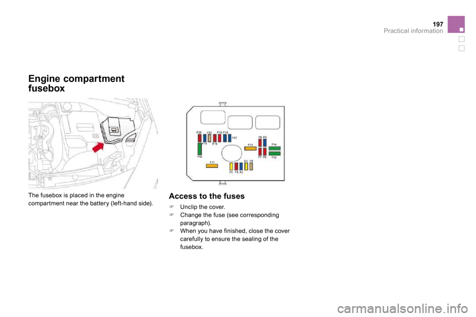 Citroen DS3 2009.5 1.G Owners Manual 197Practical information
  Engine compartment 
fusebox 
 The fusebox is placed in the engine compar tment near the battery (left-hand side).   Access to the fuses 
�   Unclip the cover. 
�   Cha