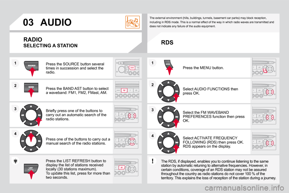 Citroen DS3 2009.5 1.G Service Manual �2�2
�3�3
�4�4
�1�1
�2�2
�4�4
�3�3
�1�1
�0�3 AUDIO 
� �P�r�e�s�s� �t�h�e� �S�O�U�R�C�E� �b�u�t�t�o�n� �s�e�v�e�r�a�l� times in succession and select the radio.  
� � �P�r�e�s�s� �t�h�e� �B�A�N�D� �A�S