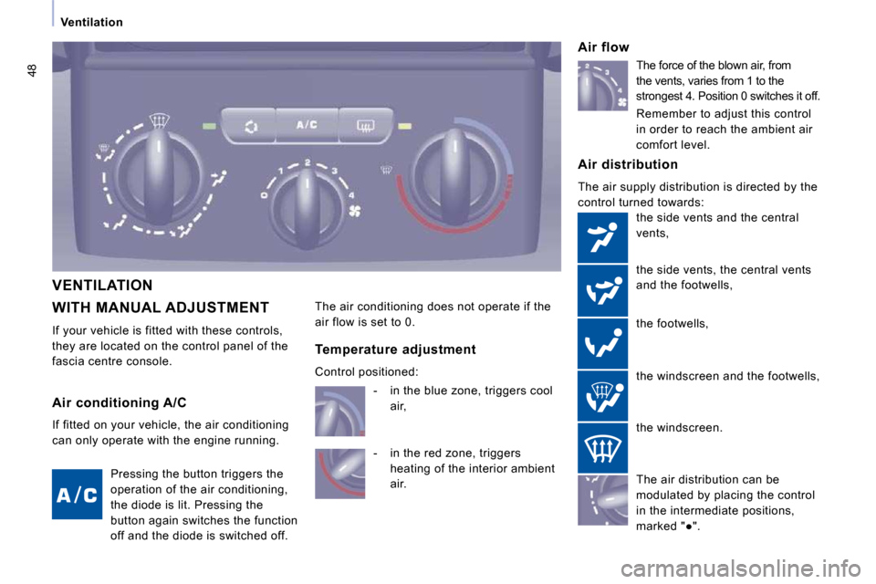 Citroen JUMPY 2009.5 2.G Owners Manual 48
Ventilation
WITH MANUAL ADJUSTMENT
If your vehicle is fitted with these controls,
they are located on the control panel of the
fascia centre console. Air distribution
The air supp Citroen JUMPY 2009.5 2.G Owners Manual 48
Ventilation
WITH MANUAL ADJUSTMENT
If your vehicle is fitted with these controls,
they are located on the control panel of the
fascia centre console. Air distribution
The air supp