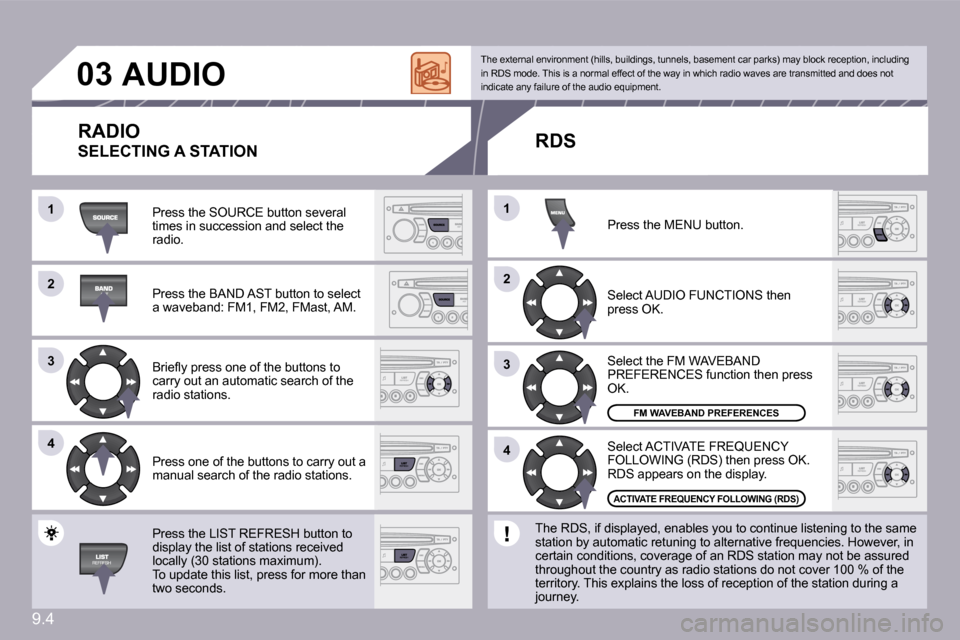 Citroen BERLINGO DAG 2009 2.G Owners Manual 9.4
�1�1
�2�2
�3�3
�4�4
�2�2
�4�4
�3�3
�1�1
�0�3� � � � � �A�U�D�I�O� 
 Press the SOURCE button several times in succession and select the radio. 
� �P�r�e�s�s� �t�h�e� �B�A�N�D� �A�S�T� �b�u�t�t�o�n�