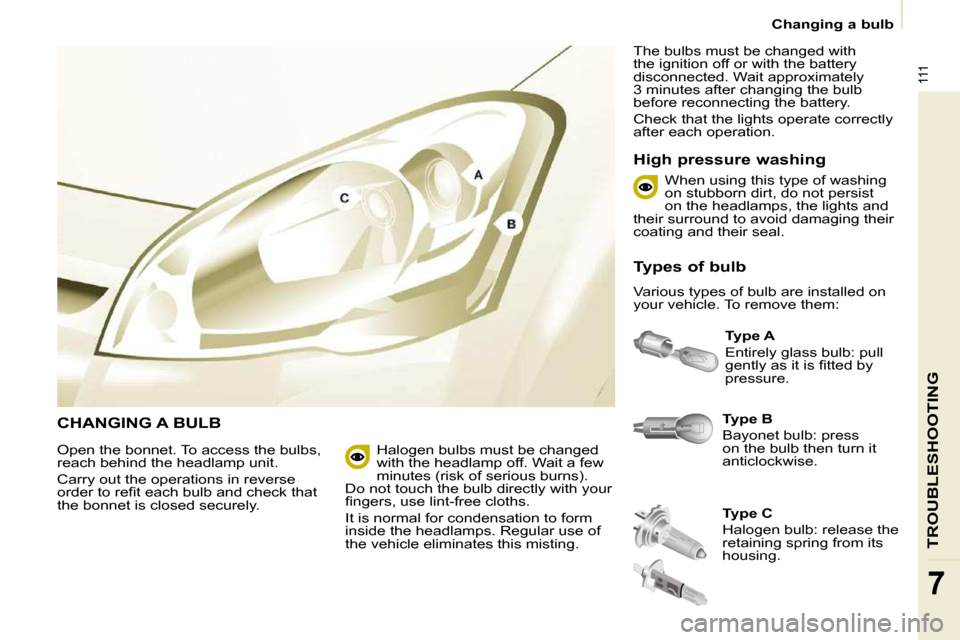 Citroen BERLINGO 2009 2.G Owners Manual 111
TROUBLESHOOTING
7
   Changing a bulb   
 CHANGING A BULB   
Type B   
� �B�a�y�o�n�e�t� �b�u�l�b�:� �p�r�e�s�s�  
on the bulb then turn it 
�a�n�t�i�c�l�o�c�k�w�i�s�e�.�    
Type A   
� �E�n�t�i�r