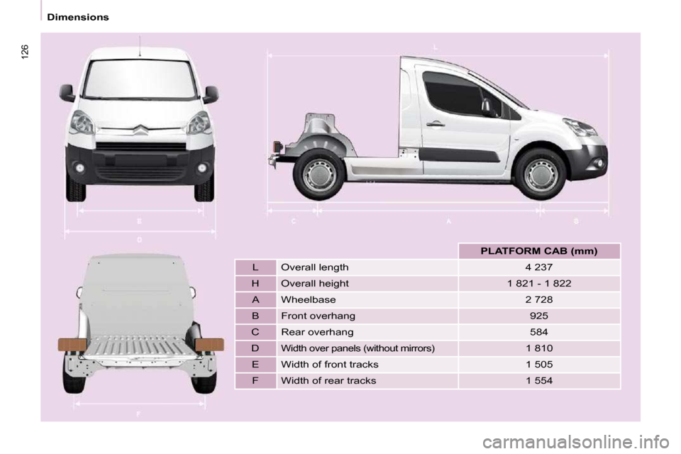 Citroen BERLINGO 2009 2.G Owners Manual 126
    Dimensions           
PLATFORM CAB (mm)    
  L    Overall length    4 237  
  H    Overall height    1 821 - 1 822     A    Wheelbase    2 728  
  B    Front overhang    925  
  C    Rear ove