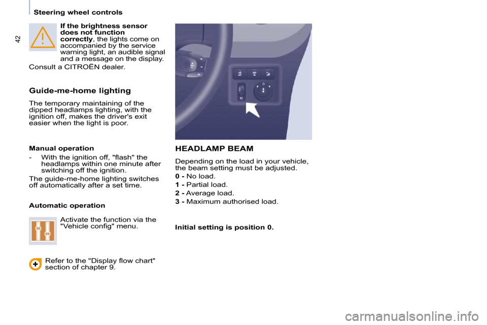 Citroen BERLINGO 2009 2.G Owners Guide �4�2
   Steering wheel controls      
If the brightness sensor  
does not function 
correctly  , the lights come on 
�a�c�c�o�m�p�a�n�i�e�d� �b�y� �t�h�e� �s�e�r�v�i�c�e� 
�w�a�r�n�i�n�g� �l�i�g�h�t�,