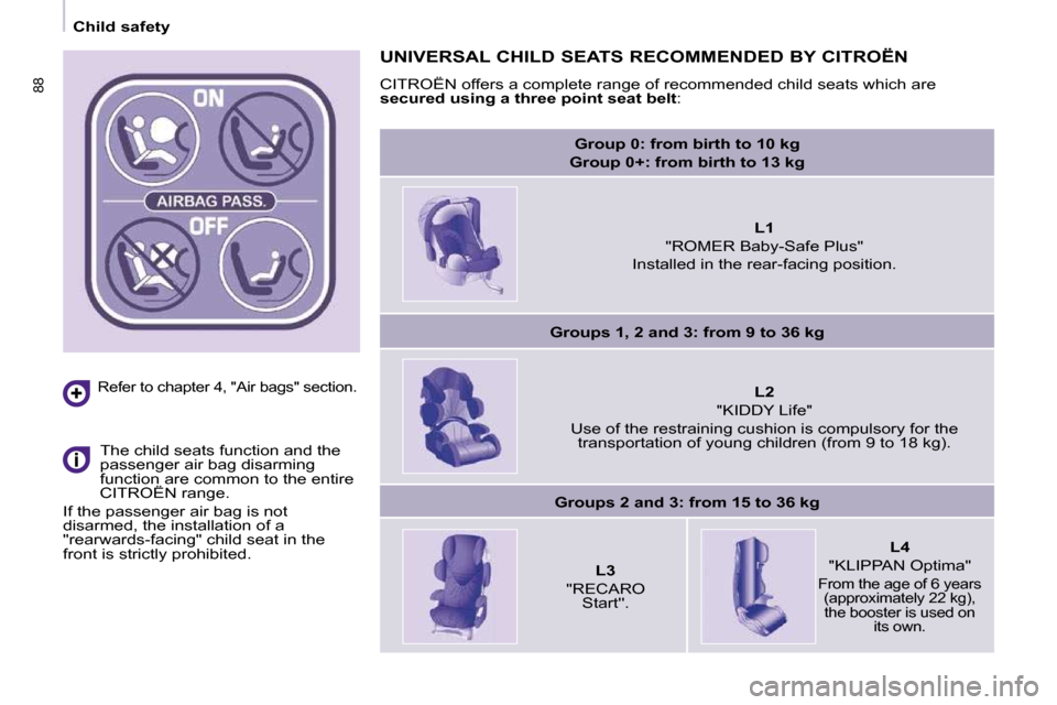 Citroen BERLINGO 2009 2.G Manual Online 88
   Child safety   
  Refer to chapter 4, "Air bags" section.  
  The child seats function and the  
passenger air bag disarming 
function are common to the entire 
CITROËN range. 
 If the passenge