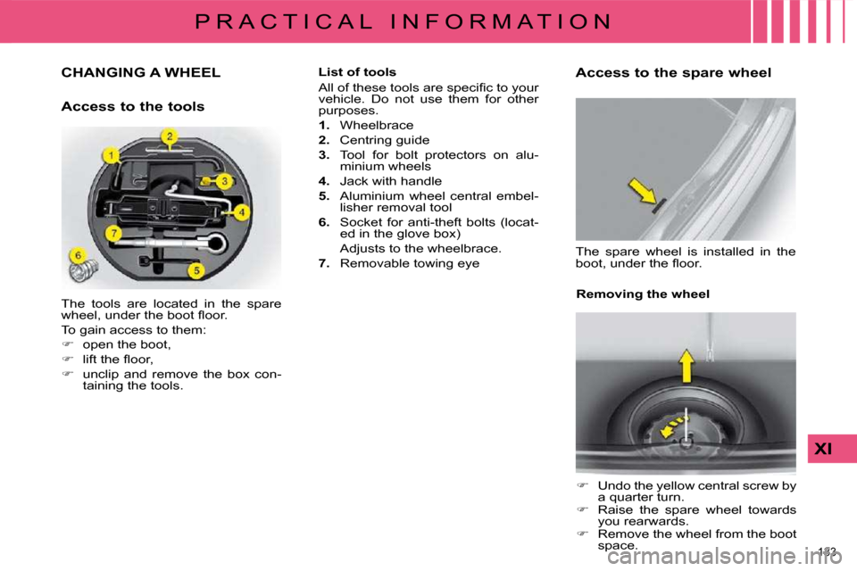 Citroen C4 DAG 2009 1.G Owners Manual 133 
XI
P R A C T I C A L   I N F O R M A T I O N
             CHANGING A WHEEL 
  Access to the tools  
 The  tools  are  located  in  the  spare  
�w�h�e�e�l�,� �u�n�d�e�r� �t�h�e� �b�o�o�t� �ﬂ� �