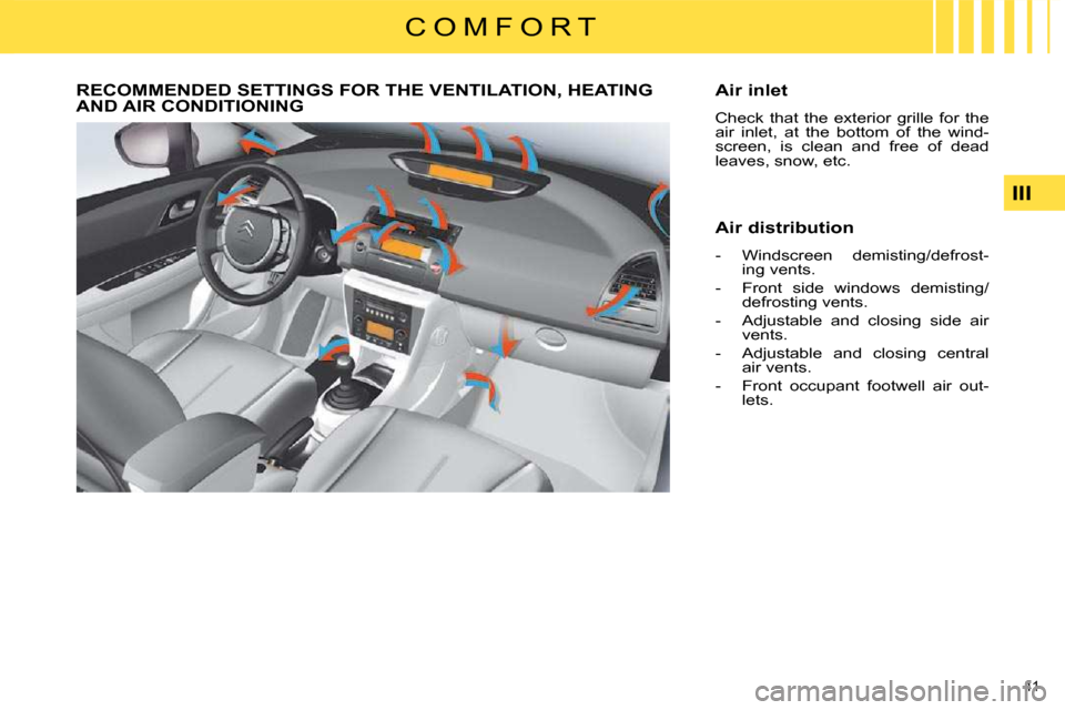Citroen C4 DAG 2009 1.G Owners Manual 41 
III
C O M F O R T
           RECOMMENDED SETTINGS FOR THE VENTILATION, HEATING AND AIR CONDITIONING   Air inlet  
 Check  that  the  exterior  grille  for  the  
air  inlet,  at  the  bottom  of  