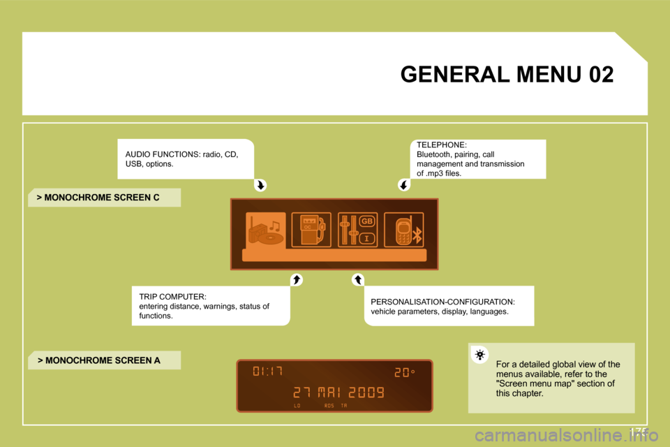 Citroen C4 2009 1.G Owners Manual 175
02         GENERAL MENU  
 AUDIO FUNCTIONS: radio, CD, �U�S�B�,� �o�p�t�i�o�n�s�.� 
 TRIP COMPUTER: �e�n�t�e�r�i�n�g� �d�i�s�t�a�n�c�e�,� �w�a�r�n�i�n�g�s�,� �s�t�a�t�u�s� �o�f� functions.  
 TELE