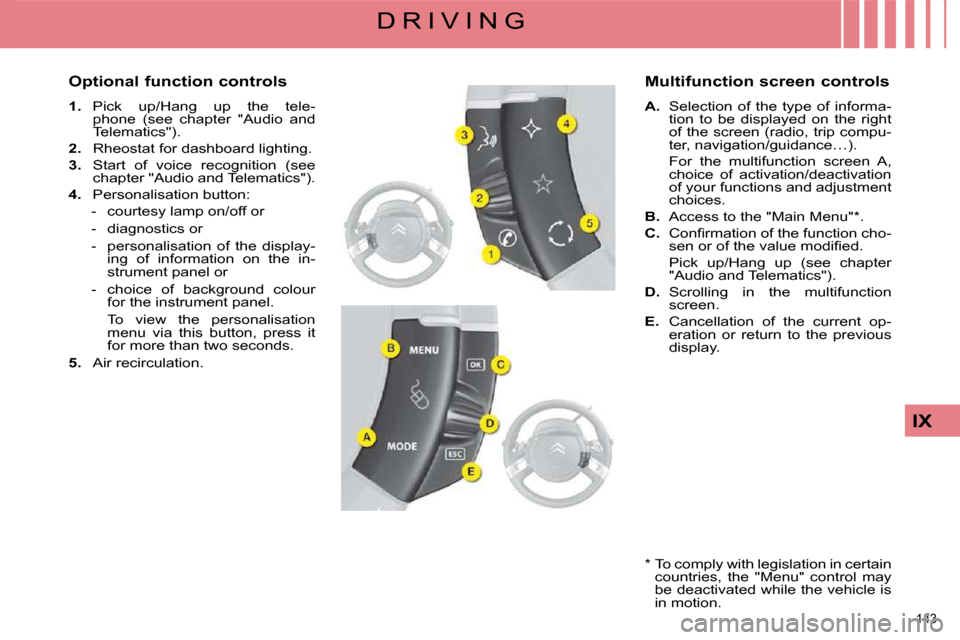Citroen C4 PICASSO DAG 2009 1.G Owners Manual 143 
IX
D R I V I N G
  Optional function controls  
   
1.    Pick  up/Hang  up  the  tele-
phone  (see  chapter  "Audio  and  
Telematics"). 
  
2.    Rheostat for dashboard lighting. 
  
3.    Star