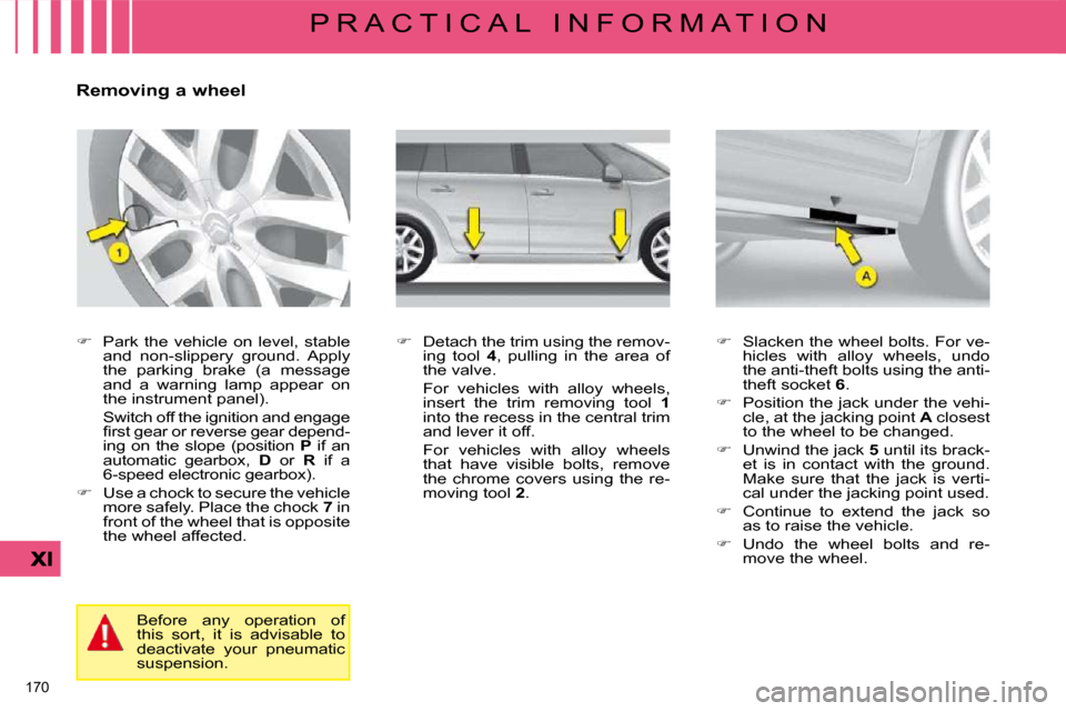 Citroen C4 PICASSO DAG 2009 1.G Owners Manual �1�7�0� 
P R A C T I C A L   I N F O R M A T I O N
  Removing a wheel  
   
� � �  �P�a�r�k�  �t�h�e�  �v�e�h�i�c�l�e�  �o�n�  �l�e�v�e�l�,�  �s�t�a�b�l�e� 
�a�n�d�  �n�o�n�-�s�l�i�p�p�e�r�y�  �g�r
