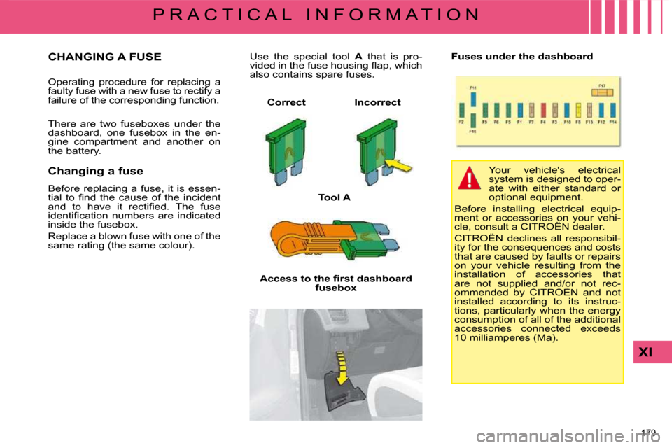 Citroen C4 PICASSO DAG 2009 1.G Owners Manual 179 
XI
P R A C T I C A L   I N F O R M A T I O N
                 CHANGING A FUSE 
� �O�p�e�r�a�t�i�n�g�  �p�r�o�c�e�d�u�r�e�  �f�o�r�  �r�e�p�l�a�c�i�n�g�  �a�  
�f�a�u�l�t�y� �f�u�s�e� �w�i�t�h� �a