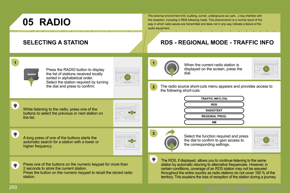 Citroen C4 PICASSO DAG 2009 1.G Owners Guide 260
�1�1
�2
�3
�0�5
� � �S�E�L�E�C�T�I�N�G� �A� �S�T�A�T�I�O�N� 
 When the current radio station is displayed on the screen, press the dial. 
 The radio source short-cuts menu appears and providesovid