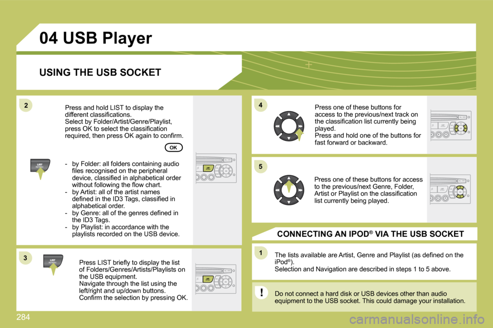 Citroen C4 PICASSO DAG 2009 1.G Owners Guide 284
33
04
44
11
55
22
 USB Player 
  USING THE USB SOCKET 
� � �P�r�e�s�s� �L�I�S�T� �b�r�i�e�ﬂ� �y� �t�o� �d�i�s�p�l�a�y� �t�h�e� �l�i�s�t� of Folders/Genres/Artists/Playlists on �t�h�e� �U�S�B� �e