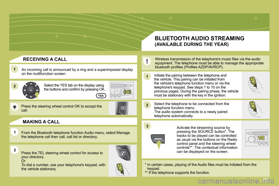 Citroen C4 PICASSO DAG 2009 1.G Owners Guide 287
11
22
11
11
22
33
22
YES
  RECEIVING A CALL 
� �A�n� �i�n�c�o�m�i�n�g� �c�a�l�l� �i�s� �a�n�n�o�u�n�c�e�d� �b�y� �a� �r�i�n�g� �a�n�d� �a� �s�u�p�e�r�i�m�p�o�s�e�d� �d�i�s�p�l�a�y� on the multifun