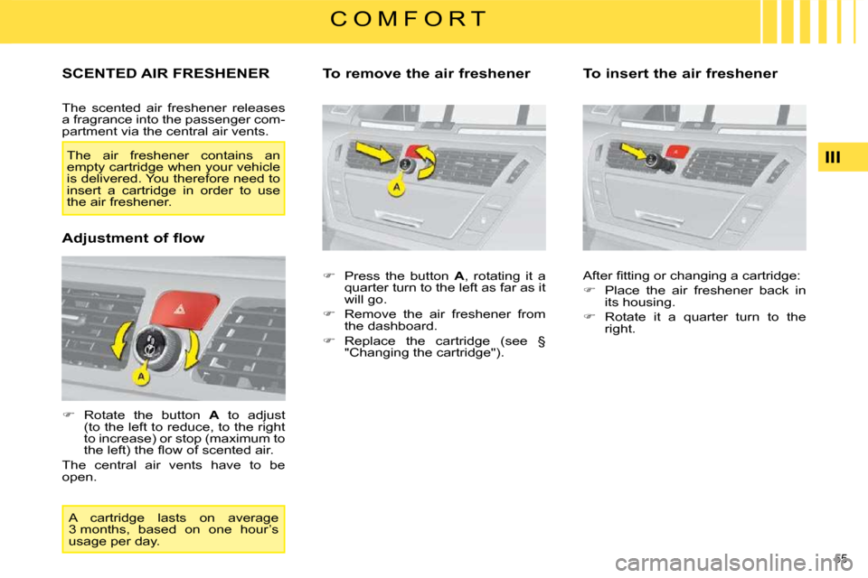 Citroen C4 PICASSO DAG 2009 1.G Owners Manual 55 
III
C O M F O R T
       SCENTED AIR FRESHENER 
 The  scented  air  freshener  releases  
a fragrance into the passenger com-
partment via the central air vents.  
   
�    Rotate  the  button 