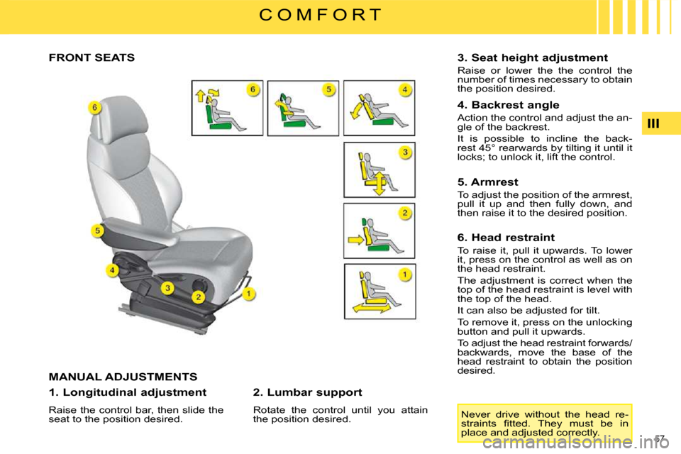 Citroen C4 PICASSO DAG 2009 1.G Repair Manual 57 
III
C O M F O R T
             FRONT SEATS 
 MANUAL ADJUSTMENTS 
  1. Longitudinal adjustment  
 Raise the control bar, then slide the  
seat to the position desired.    2. Lumbar support  
 Rotat