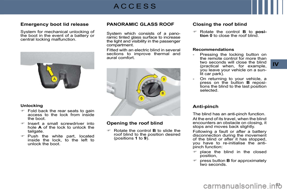 Citroen C4 PICASSO DAG 2009 1.G Owners Manual 81 
IV
A C C E S S
  Emergency boot lid release  
 System  for  mechanical  unlocking  of  
the  boot  in  the  event  of  a  battery  or 
central locking malfunction.  
  Unlocking  
   
�    Fold