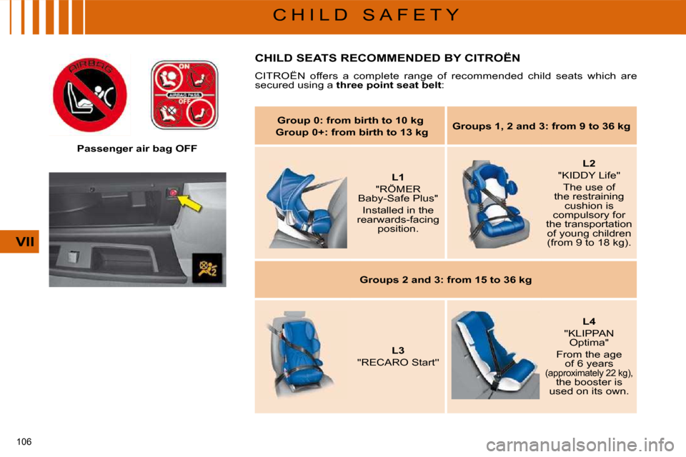 Citroen C4 PICASSO 2009 1.G Owners Manual 106 
VII
C H I L D   S A F E T Y
   Passenger air bag OFF   
 CHILD SEATS RECOMMENDED BY CITROËN 
� �C�I�T�R�O�Ë�N�  �o�f�f�e�r�s�  �a�  �c�o�m�p�l�e�t�e�  �r�a�n�g�e�  �o�f�  �r�e�c�o�m�m�e�n�d�e�d