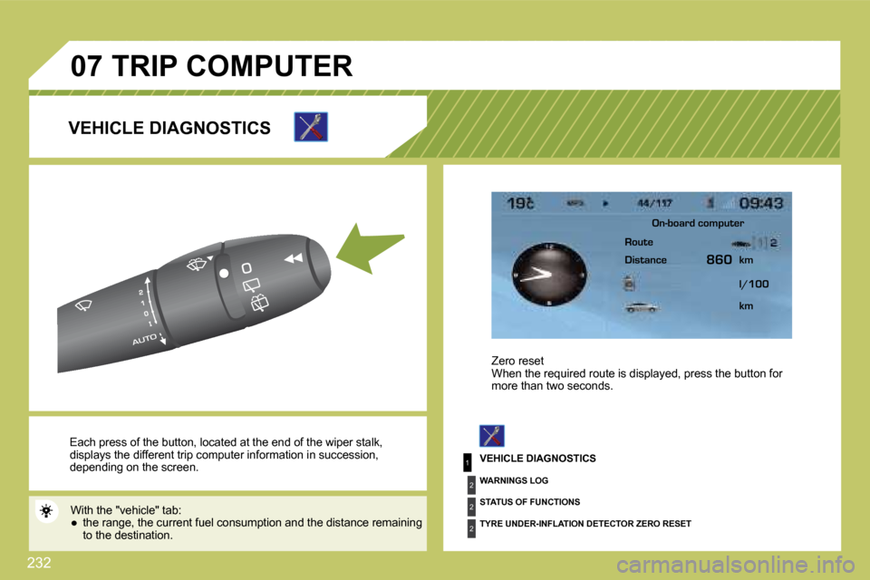 Citroen C4 PICASSO 2009 1.G Repair Manual 232
1
2
2
2
�0�7
 Each press of the button, located at the end of the  wiper   stalk , displays the different trip computer information in succession, �d�e�p�e�n�d�i�n�g� �o�n� �t�h�e� �s�c�r�e�e�n�.�