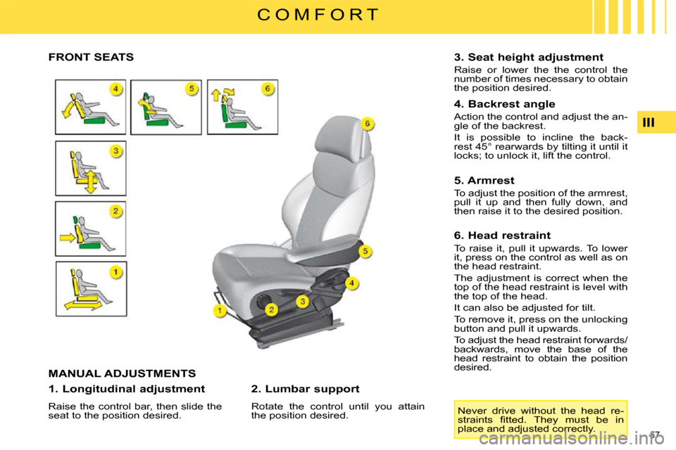 Citroen C4 PICASSO 2009 1.G Owners Manual 57 
III
C O M F O R T
             FRONT SEATS 
 MANUAL ADJUSTMENTS 
  1. Longitudinal adjustment  
 Raise the control bar, then slide the  
seat to the position desired.    2. Lumbar support  
 Rotat