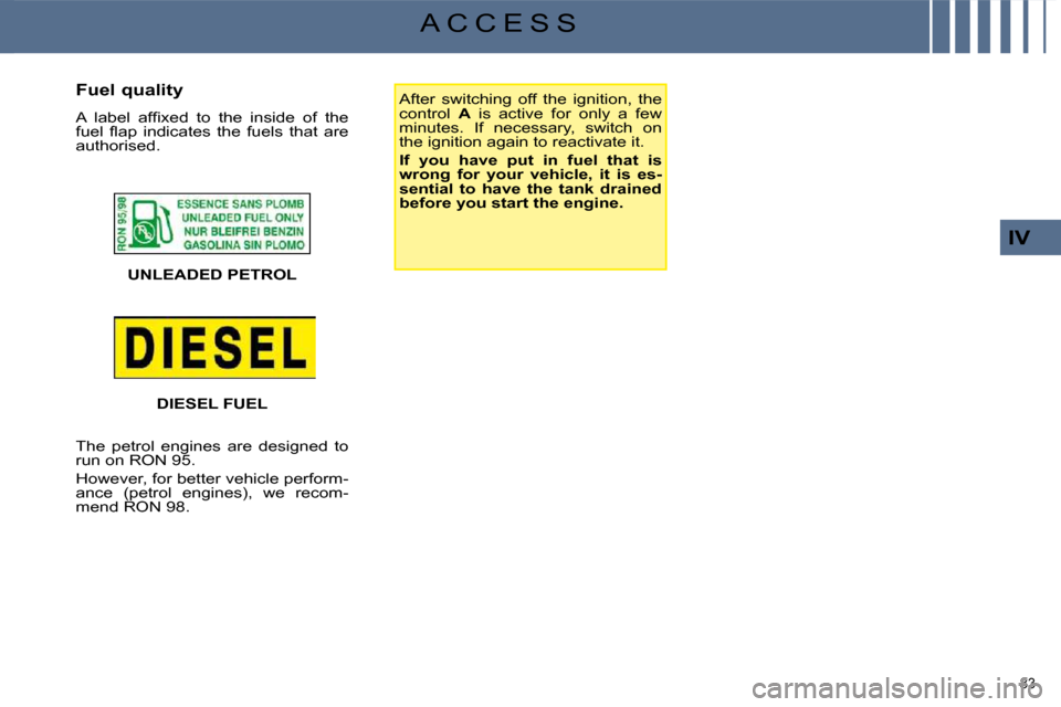 Citroen C4 PICASSO 2009 1.G Owners Manual 83 
IV
A C C E S S
  
UNLEADED PETROL    After  switching  off  the  ignition,  the  
control   
A   is  active  for  only  a  few 
minutes.  If  necessary,  switch  on 
the ignition again to reactiva