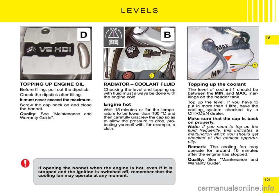 Citroen C6 DAG 2009 1.G Owners Manual 121
IVB 
1
1
D
TOPPING UP ENGINE OIL
�B�e�f�o�r�e� �ﬁ� �l�l�i�n�g�,� �p�u�l�l� �o�u�t� �t�h�e� �d�i�p�s�t�i�c�k�.
�C�h�e�c�k� �t�h�e� �d�i�p�s�t�i�c�k� �a�f�t�e�r� �ﬁ� �l�l�i�n�g�.
It must never e