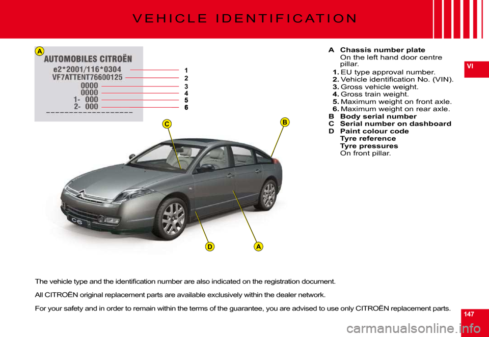 Citroen C6 DAG 2009 1.G Owners Manual BC
12345
A
AD
147
VI
V E H I C L E   I D E N T I F I C A T I O N
A  Chassis number plateOn the left hand door centre pillar.
1. EU type approval number.2. �V�e�h�i�c�l�e� �i�d�e�n�t�i�ﬁ� �c�a�t�i�o�