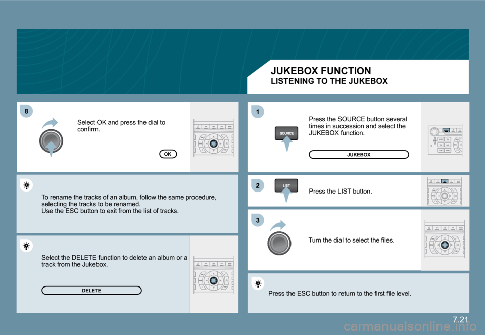 Citroen C6 DAG 2009 1.G Owners Manual 7.21
�8�8
�2
�3�3
11
OK
DELETE
JUKEBOX
� �P�r�e�s�s� �t�h�e� �S�O�U�R�C�E� �b�u�t�t�o�n� �s�e�v�e�r�a�l� �t�i�m�e�s� �i�n� �s�u�c�c�e�s�s�i�o�n� �a�n�d� �s�e�l�e�c�t� �t�h�e� �J�U�K�E�B�O�X� �f�u�n�c�