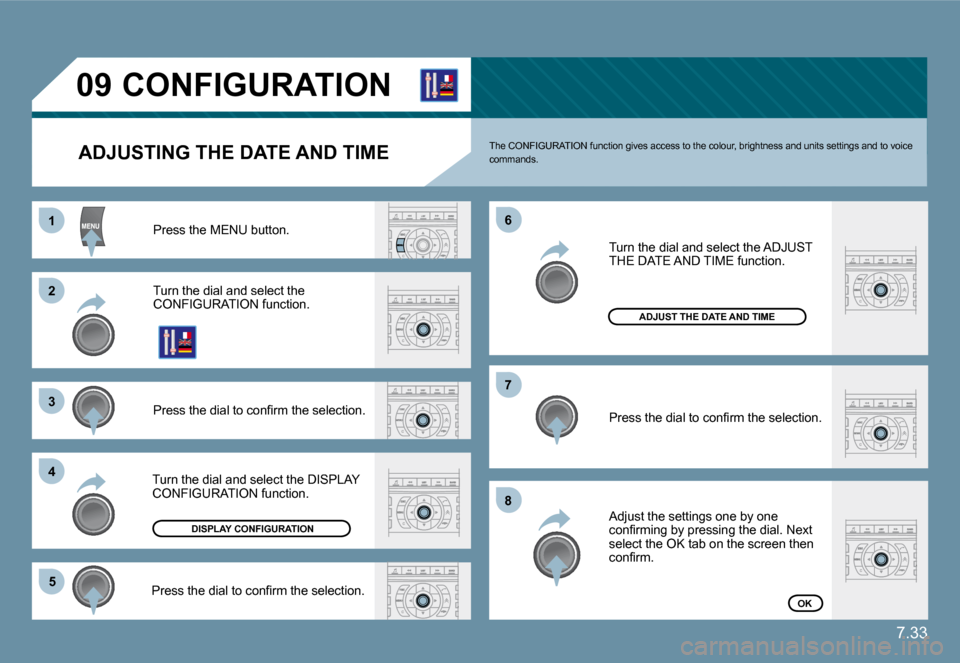 Citroen C6 DAG 2009 1.G Owners Manual 7.33
11
�2�2
�3�3
�4�4
�5�5
�6�6
�7�7
�8�8
�0�9       CONFIGURATION 
  ADJUSTING THE DATE AND TIME 
� �P�r�e�s�s� �t�h�e� �M�E�N�U� �b�u�t�t�o�n�.� 
 Turn the dial and select the �C�O�N�F�I�G�U�R�A�T�
