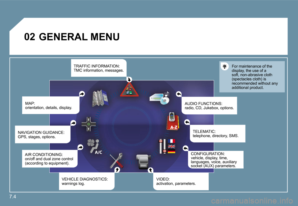 Citroen C6 2009 1.G Owners Manual 7.4
�0�2 GENERAL MENU 
� �M�A�P�:orientation, details, display. � �A�U�D�I�O� �F�U�N�C�T�I�O�N�S�:�r�a�d�i�o�,� �C�D�,� �J�u�k�e�b�o�x�,� �o�p�t�i�o�n�s�.� 
� �F�o�r� �m�a�i�n�t�e�n�a�n�c�e� �o�f� �t�