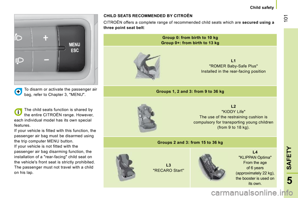 Citroen NEMO DAG 2009 1.G User Guide 101
5
SAFETY
   Child safety   
 To disarm or activate the passenger air  
bag, refer to Chapter 3, "MENU". 
  CHILD SEATS RECOMMENDED BY CITROËN 
 CITROËN offers a complete range of recommended chi