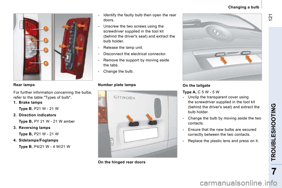 Citroen NEMO DAG 2009 1.G Owners Manual 121
7
TROUBLESHOOTING
   Changing a bulb   
  Rear lamps  
   -   Identify the faulty bulb then open the rear doors. 
  -   Unscrew the two screws using the  screwdriver supplied in the tool kit  
(be