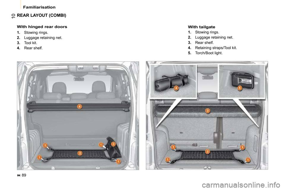 Citroen NEMO DAG 2009 1.G Owners Manual 10
 Familiarisation 
 REAR LAYOUT (COMBI) 
   
��   89   
  With hinged rear doors  
   
1.    Stowing rings. 
  
2.    Luggage retaining net. 
  
3.    Tool kit. 
  
4.    Rear shelf.  
  With tai