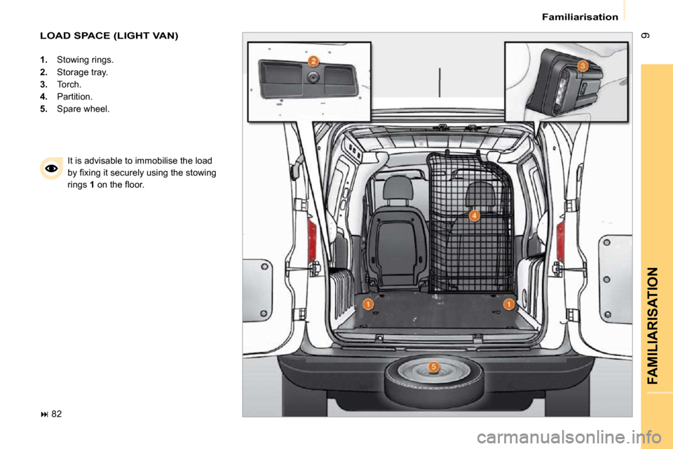 Citroen NEMO 2009 1.G Owners Manual 9
FAMILIARISATION
 Familiarisation 
 LOAD SPACE (LIGHT VAN) 
   
1.    Stowing rings. 
  
2.    Storage tray. 
  
3.    Torch. 
  
4.    Partition. 
  
5.    Spare wheel.  
   
�   82    It is advi