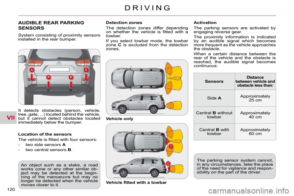 Citroen C CROSSER DAG 2010.5 1.G Owners Manual VII
D R I V I N G
120 
AUDIBLE REAR PARKING 
SENSORS 
 It  detects  obstacles  (person,  vehicle,  
tree, gate, ...) located behind the vehicle, 
but  it  cannot  detect  obstacles  located 
immediate