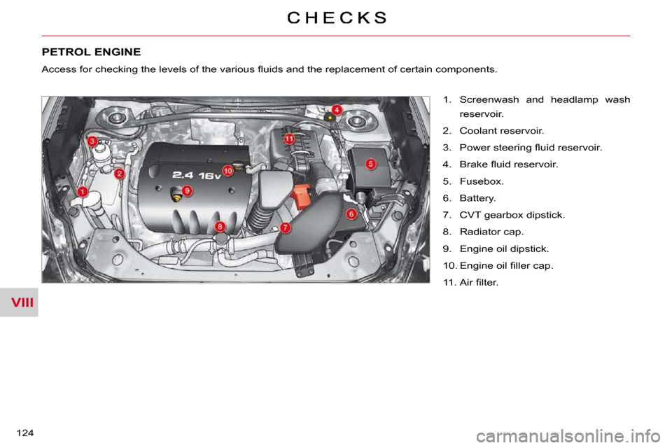 Citroen C CROSSER DAG 2010.5 1.G Owners Manual VIII
124 
PETROL ENGINE 
   1.   Screenwash  and  headlamp  wash reservoir. 
  2.   Coolant reservoir.  
� � �3�.� �  �P�o�w�e�r� �s�t�e�e�r�i�n�g� �ﬂ� �u�i�d� �r�e�s�e�r�v�o�i�r�.� 
� � �4�.� �  �B