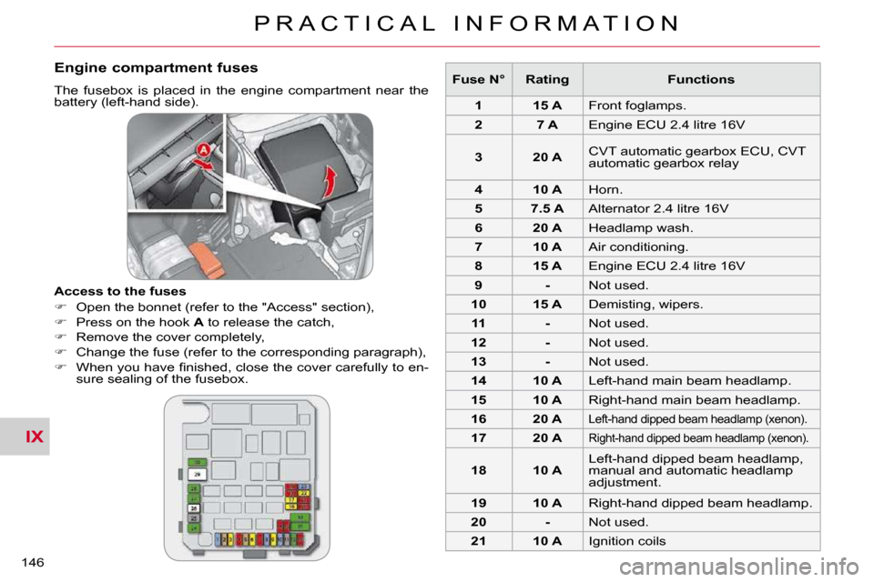 Citroen C CROSSER DAG 2010.5 1.G Owners Guide IX
P R A C T I C A L   I N F O R M A T I O N
146 
  Engine compartment fuses 
� �T�h�e�  �f�u�s�e�b�o�x�  �i�s�  �p�l�a�c�e�d�  �i�n�  �t�h�e�  �e�n�g�i�n�e�  �c�o�m�p�a�r�t�m�e�n�t�  �n�e�a�r�  �t�h�