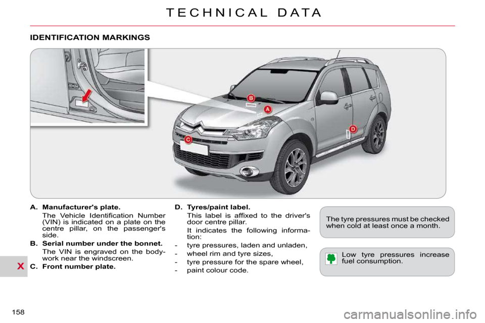 Citroen C CROSSER DAG 2010.5 1.G Owners Manual X
T E C H N I C A L   D A T A
158 
    
A.     Manufacturers plate.    
�  �T�h�e�  �V�e�h�i�c�l�e�  �I�d�e�n�t�i�ﬁ� �c�a�t�i�o�n�  �N�u�m�b�e�r�  (VIN)  is  indicated  on  a  plate  on  the  
cent