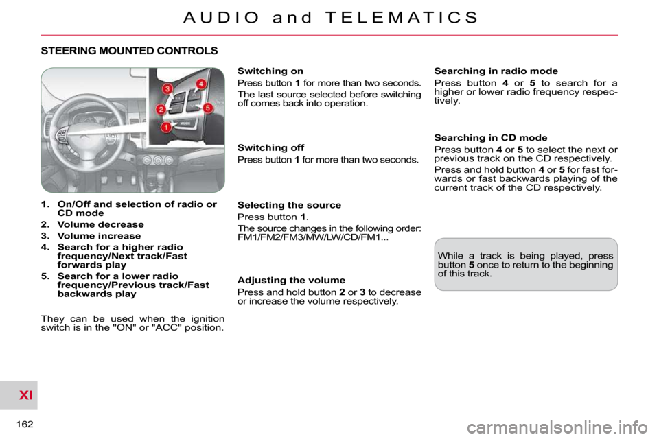 Citroen C CROSSER DAG 2010.5 1.G User Guide XI
162
A U D I O a n d T E L E M A T I C S
STEERING MOUNTED CONTROLS
1. On/Off and selection of
radio or
CD mode
2. Volume decrease
3. Volume increase
4. Citroen C CROSSER DAG 2010.5 1.G User Guide XI
162
A U D I O a n d T E L E M A T I C S
STEERING MOUNTED CONTROLS
1. On/Off and selection of
radio or
CD mode
2. Volume decrease
3. Volume increase
4.
