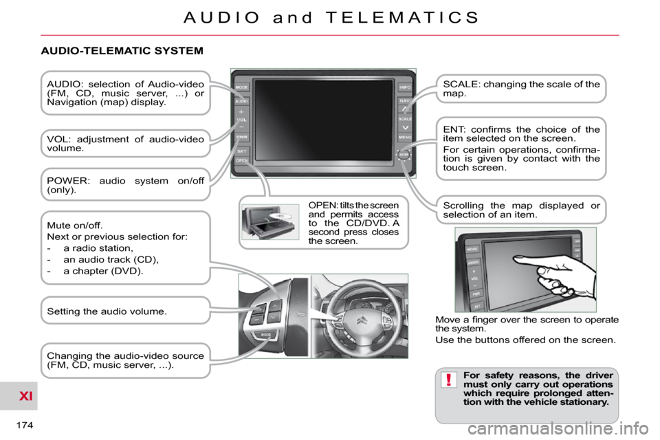 Citroen C CROSSER DAG 2010.5 1.G Owners Manual XI
!
174 
A U D I O   a n d   T E L E M A T I C S
  AUDIO:  selection  of  Audio-video  
(FM,  CD,  music  server,  ...)  or 
Navigation (map) display.   
  VOL:  adjustment  of  audio-video  
volume.