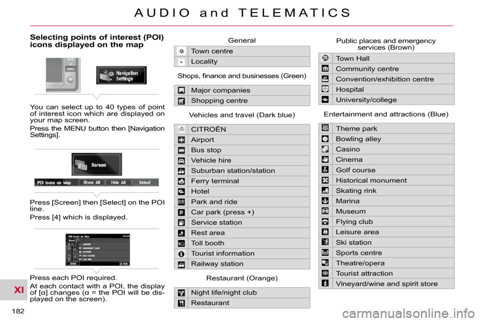 Citroen C CROSSER DAG 2010.5 1.G Owners Guide XI
182 
A U D I O   a n d   T E L E M A T I C S
Selecting points of interest (POI) icons displayed on the map 
 You  can  select  up  to  40  types  of  point  
of  interest  icon  which  are  display