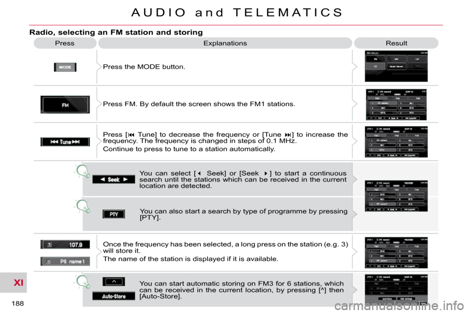 Citroen C CROSSER DAG 2010.5 1.G Service Manual XI
188 
A U D I O   a n d   T E L E M A T I C S
  Radio, selecting an FM station and storing 
 Press the MODE button. 
 Press 
 Explanations   Result 
 You  can  select  [  �   Seek]  or  [Seek    