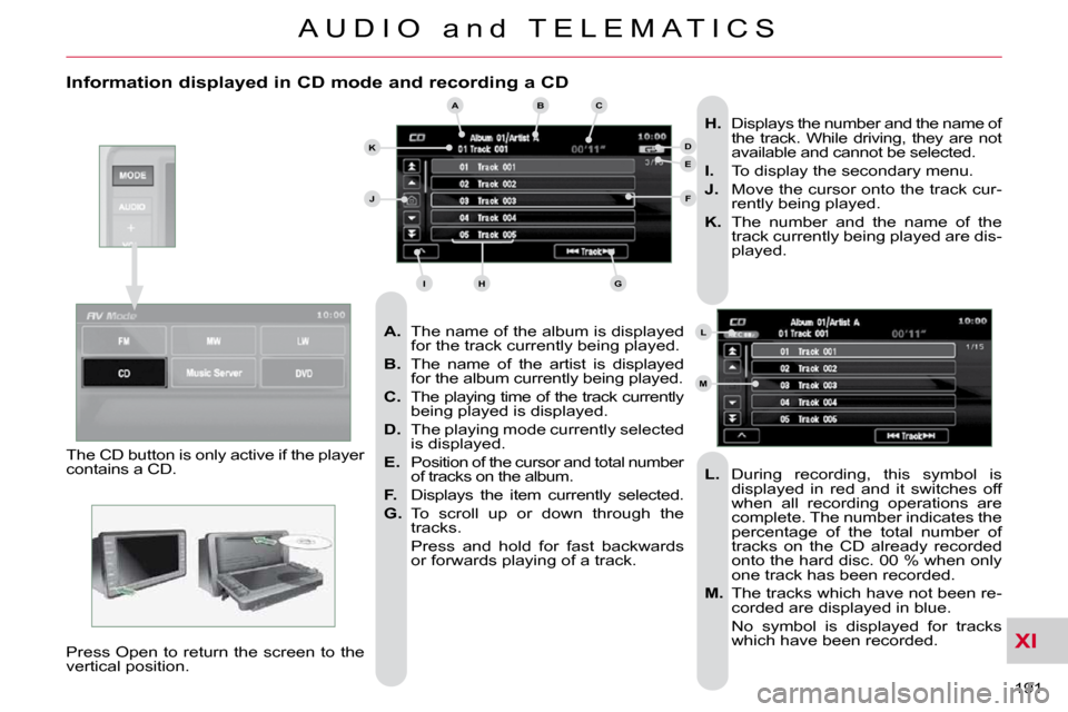 Citroen C CROSSER DAG 2010.5 1.G Owners Manual XI
191 
A U D I O   a n d   T E L E M A T I C S
  Information displayed in CD mode and recording a CD 
   
A.    The name of the album is displayed 
for the track currently being played. 
  
B.    The
