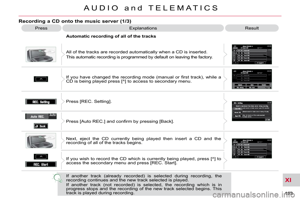 Citroen C CROSSER DAG 2010.5 1.G Owners Manual XI
A U D I O a n d T E L E M A T I C S
Recording a CD onto the music server (1/3)
Press Explanations Result
All of the tracks are recorded automatically when a CD is inserte d.
This autom Citroen C CROSSER DAG 2010.5 1.G Owners Manual XI
A U D I O a n d T E L E M A T I C S
Recording a CD onto the music server (1/3)
Press Explanations Result
All of the tracks are recorded automatically when a CD is inserte d.
This autom