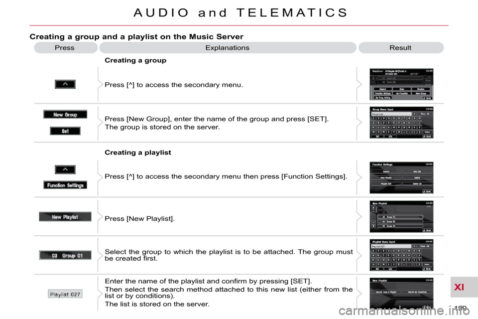 Citroen C CROSSER DAG 2010.5 1.G Owners Manual XI
199 
A U D I O   a n d   T E L E M A T I C S
Creating a group and a playlist on the Music Server 
 Explanations  Result 
 Press [^] to access the secondary menu. 
  Creating a group  
 Press [New G