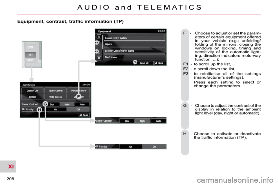Citroen C CROSSER DAG 2010.5 1.G Workshop Manual XI
208
A U D I O a n d T E L E M A T I C S
Equipment, contrast, traffic information (TP)
F - Choose to adjust or set the param-eters of certain equipment offered
in your vehicle (e.g. Citroen C CROSSER DAG 2010.5 1.G Workshop Manual XI
208
A U D I O a n d T E L E M A T I C S
Equipment, contrast, traffic information (TP)
F - Choose to adjust or set the param-eters of certain equipment offered
in your vehicle (e.g.