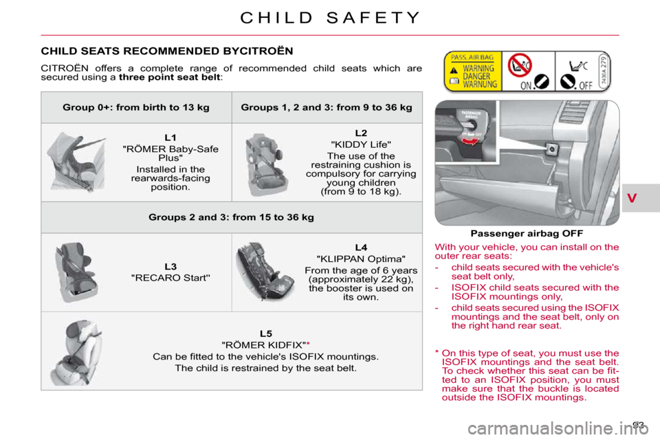 Citroen C CROSSER DAG 2010.5 1.G Owners Manual V
C H I L D   S A F E T Y
93 
 CHILD SEATS RECOMMENDED BYCITROËN 
 CITROËN  offers  a  complete  range  of  recommended  child  seats  which  are
secured using a   three point seat belt  : 
   Passe