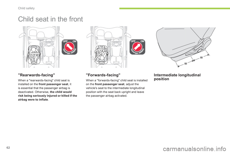 Citroen C ZERO 2010.5 1.G Owners Manual Child safety
62
  Child seat in the front  
"Rearwards-facing"
When a "rear wards-facing" child seat is installed on the  front passenger seat, itis essential that the passenger airbag is 
deactivated